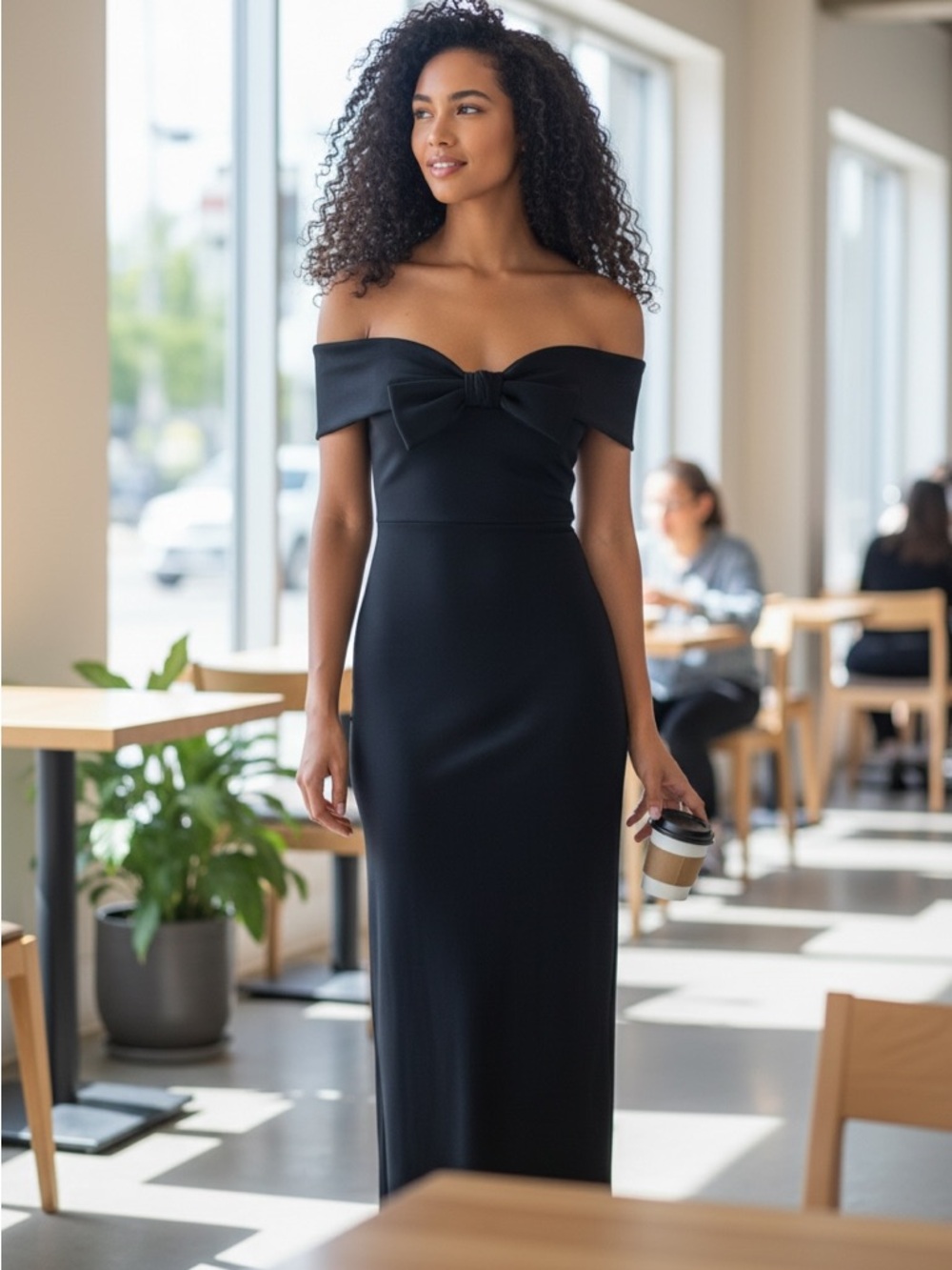 Mable Elegant Off the Shoulder Black Bow-Front Formal Evening Dress